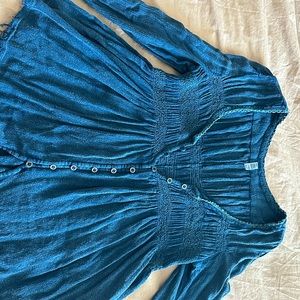 Free people, blue, long sleeve, distressed blouse, buttons up the front